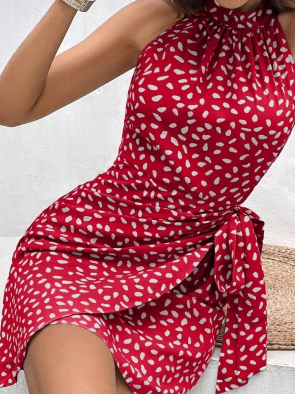 Summer Halterneck Printed Dress With Tied-waist Design Women's Shivering Dots